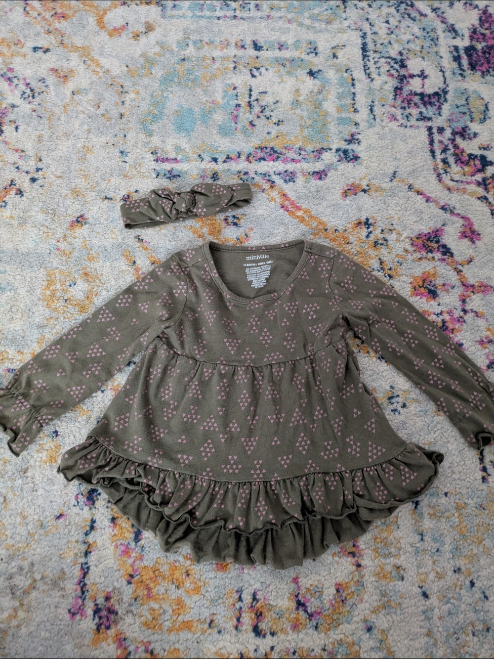 Miniville Olive Green Ruffle Long-Sleeve Dress with Headband